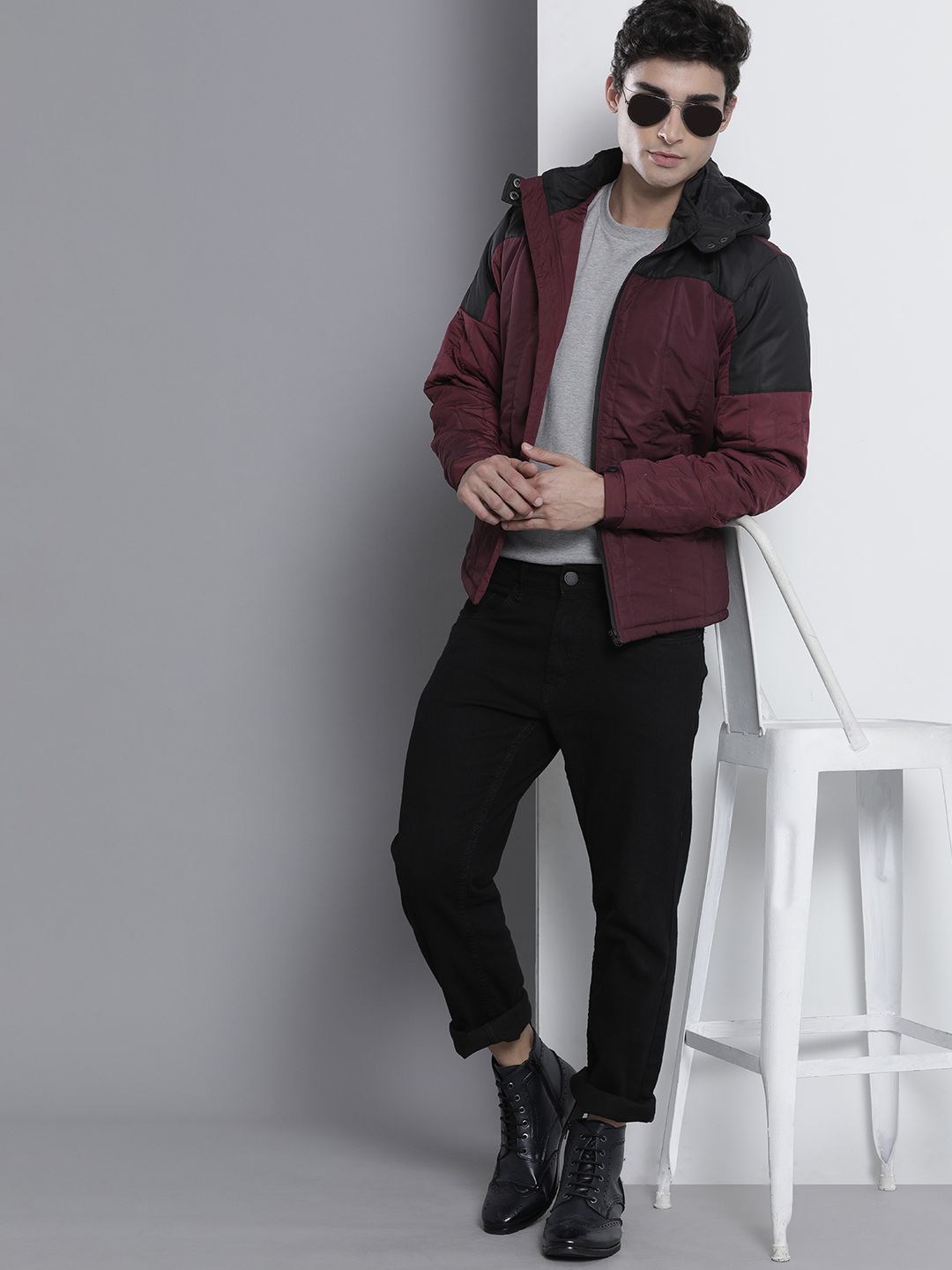 The Indian Garage Co Men Colourblock Zip-Front Slim Fit Bomber Jacket with Detachable Hood