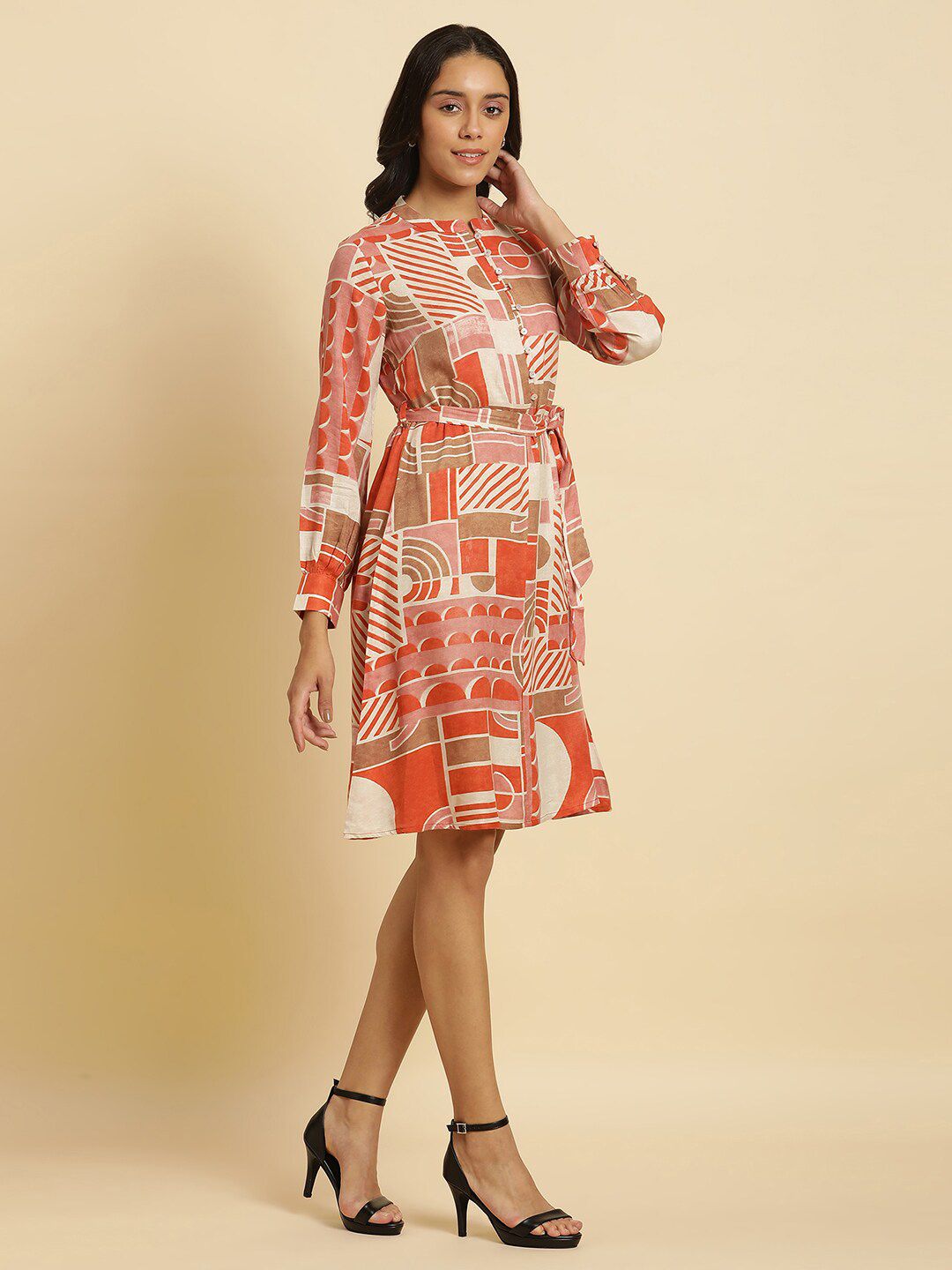W Geometric Printed Mandarin Collar Cuffed Sleeves A-Line Dress