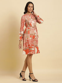 W Geometric Printed Mandarin Collar Cuffed Sleeves A-Line Dress