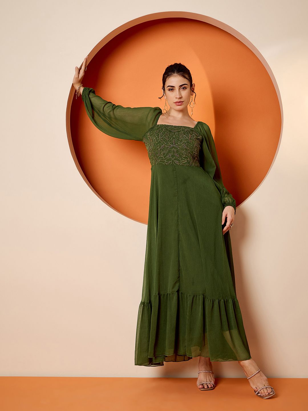 Antheaa women Square Neck Embellished maxi dress