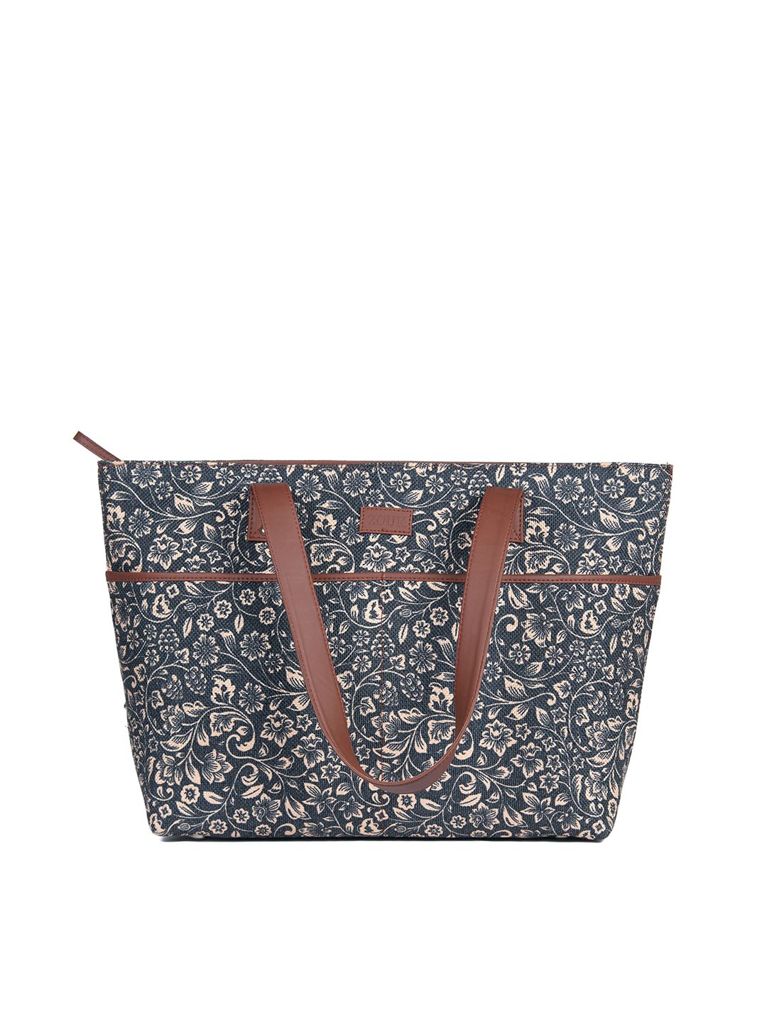 ZOUK Black Floral Printed Oversized Structured Tote Bag