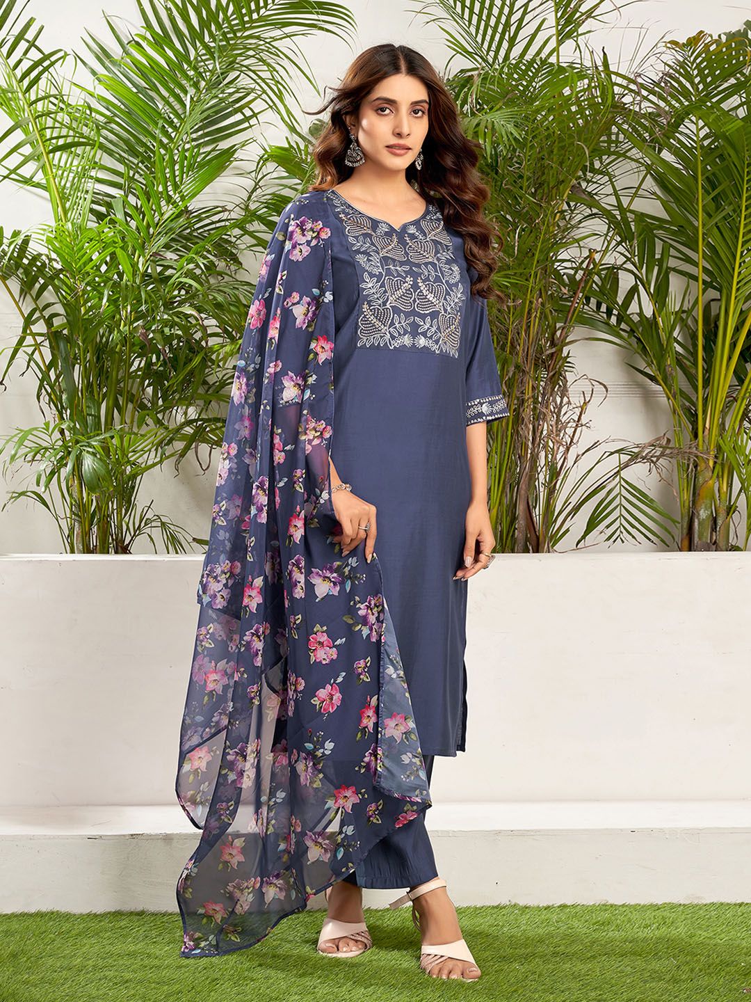 KALINI Ethnic Motifs Yoke Design Sequinned Straight Kurta with Trousers & Dupatta
