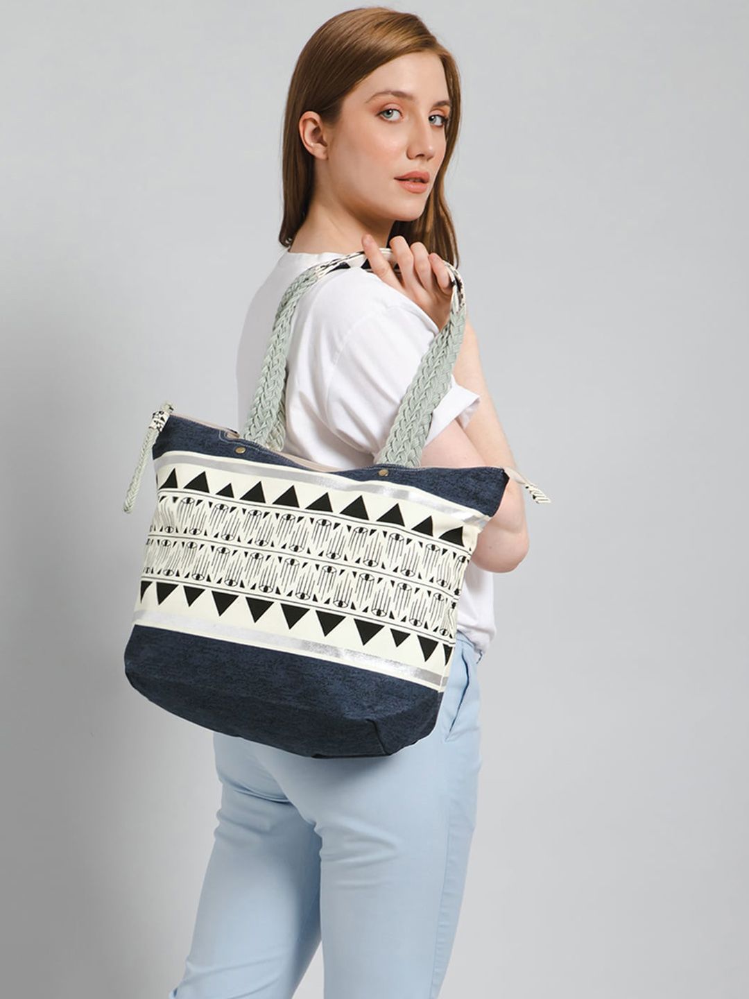 Berrylush Navy Blue & White Geometric Printed Shopper Tote Bag
