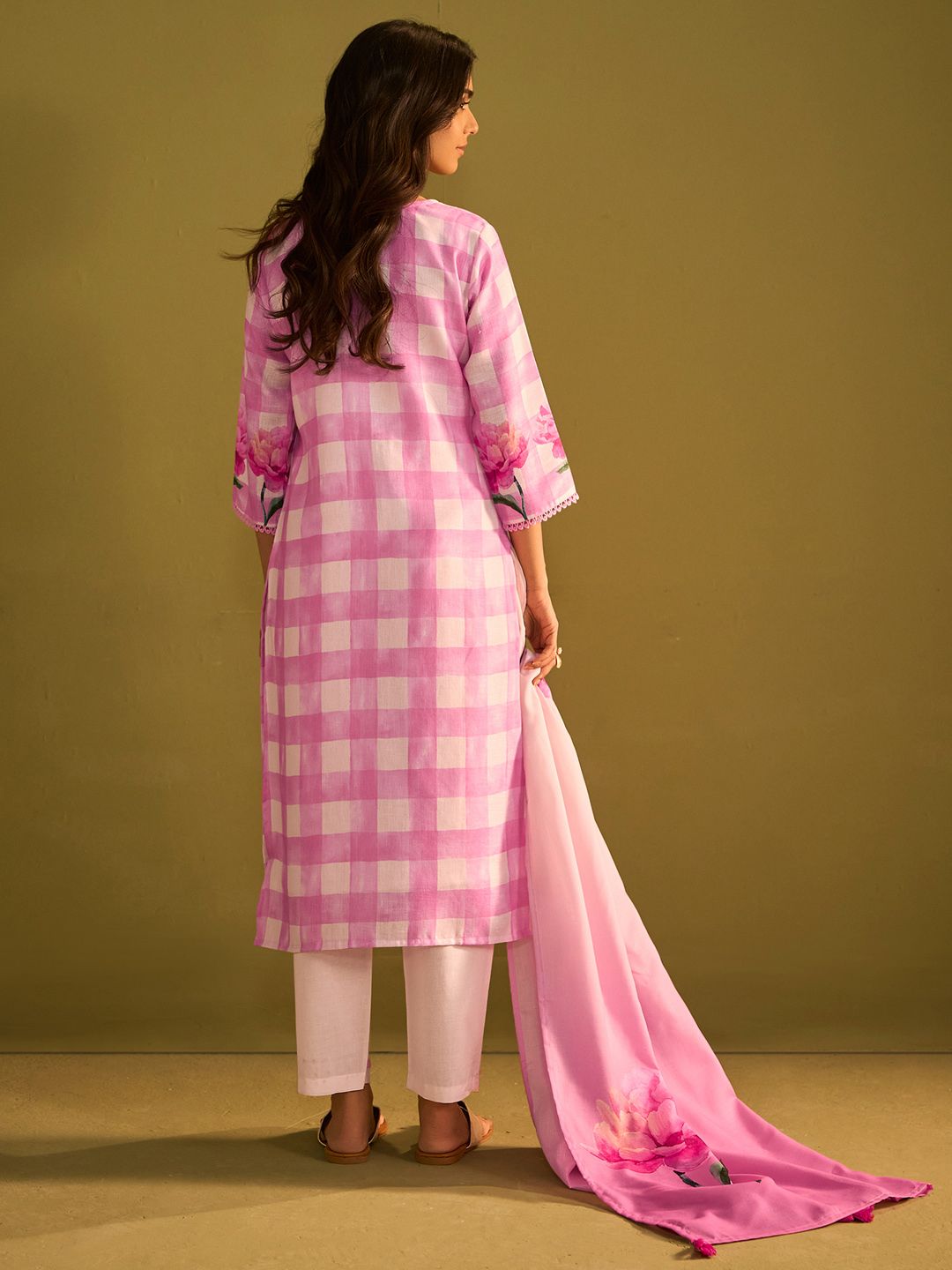 Indo Era Floral Printed Sweetheart Neck Stone Work Linen Kurta With Trouser & Dupattta
