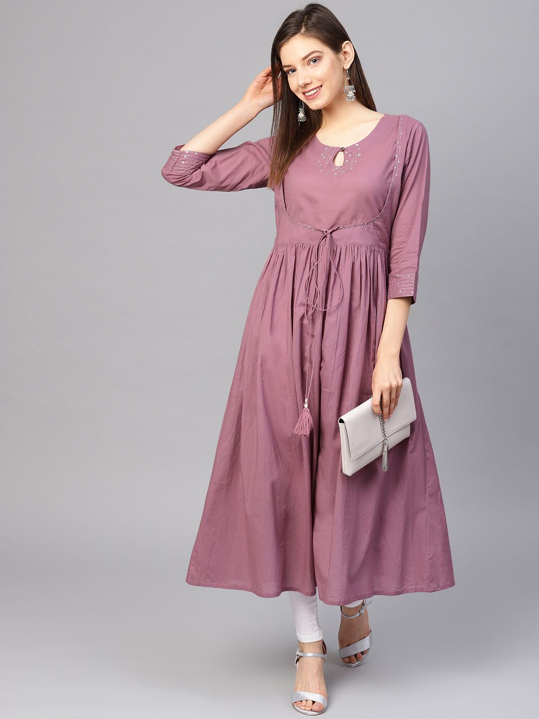 Varanga Women Mauve Sequinned Pure Cotton Gathered Keyhole Neck Kurta with Zari Work