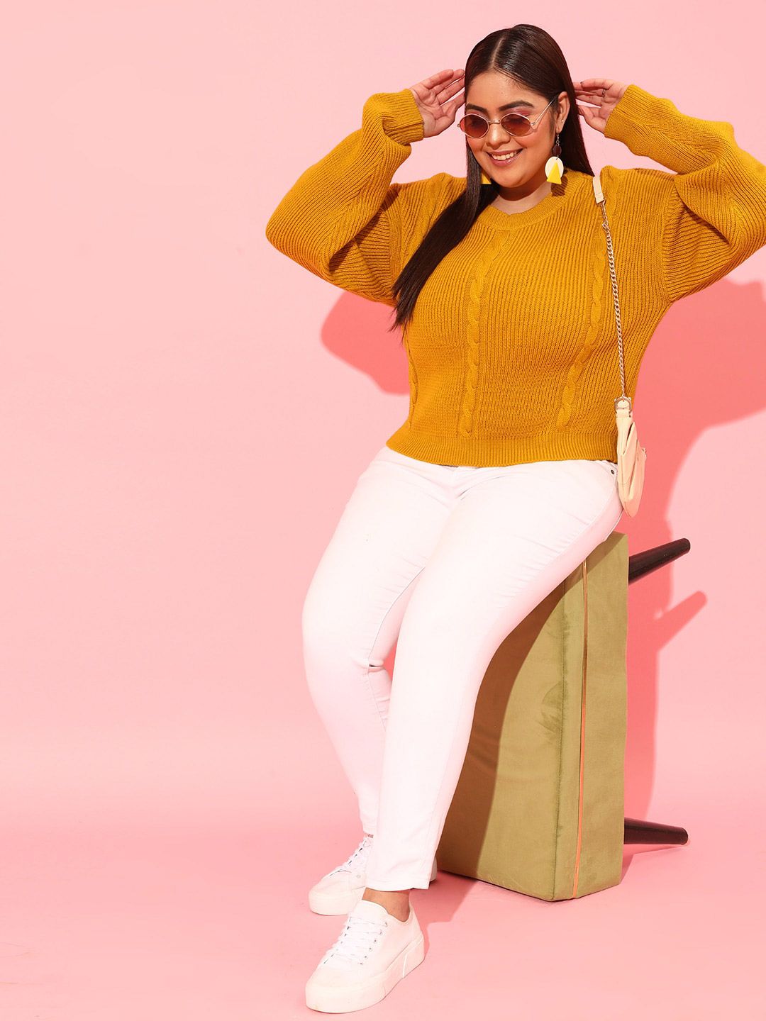 CURVY STREET Plus Size Women Mustard Cable Knit Acrylic Pullover