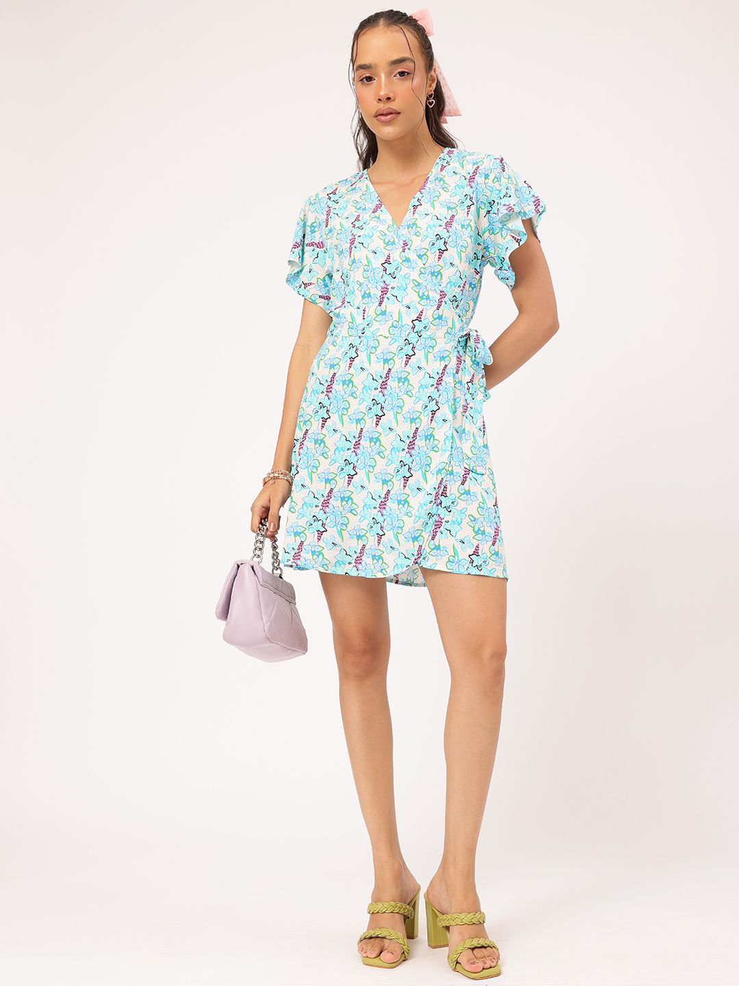 DressBerry Romantic-Ruffles Flutter Sleeves Printed Wrap Mini Dress