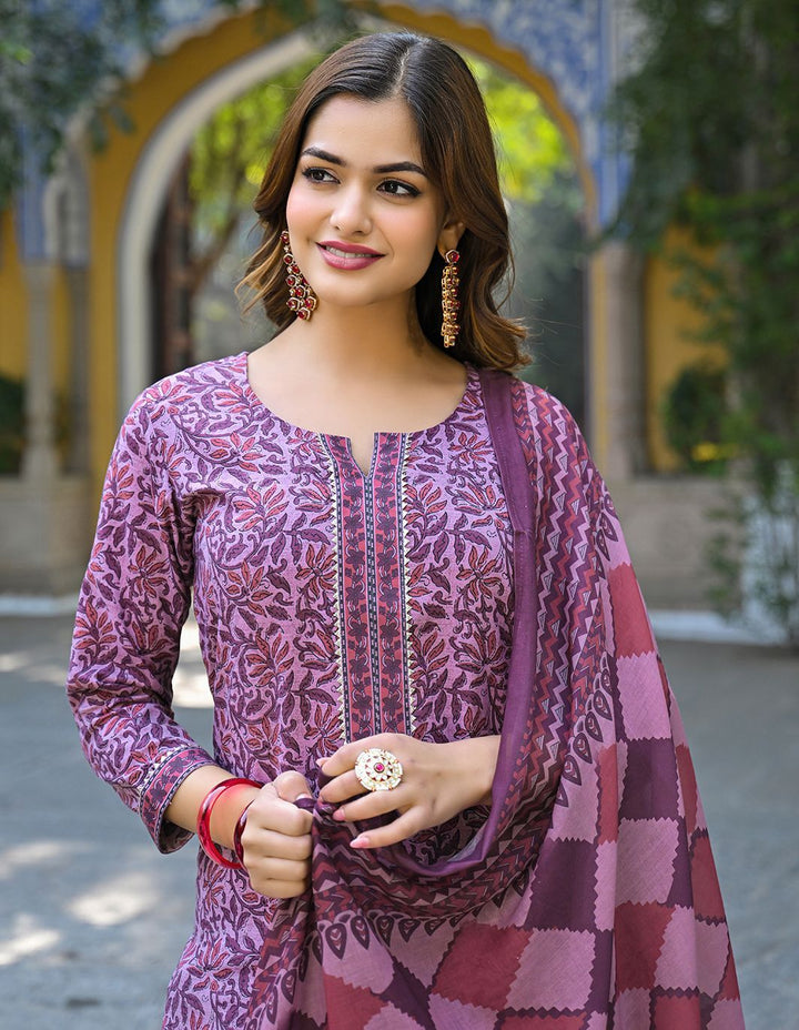 KALINI Floral Printed Notch Neck Gotta Patti Straight Kurta With Trousers & Dupatta