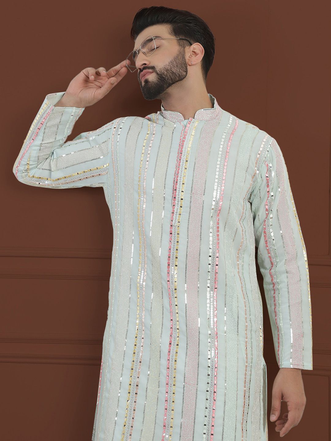 SOJANYA LUXE Striped Embroidered Mandarin Collar Straight Georgette Kurta & Pyjama