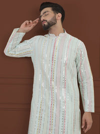 SOJANYA LUXE Striped Embroidered Mandarin Collar Straight Georgette Kurta & Pyjama