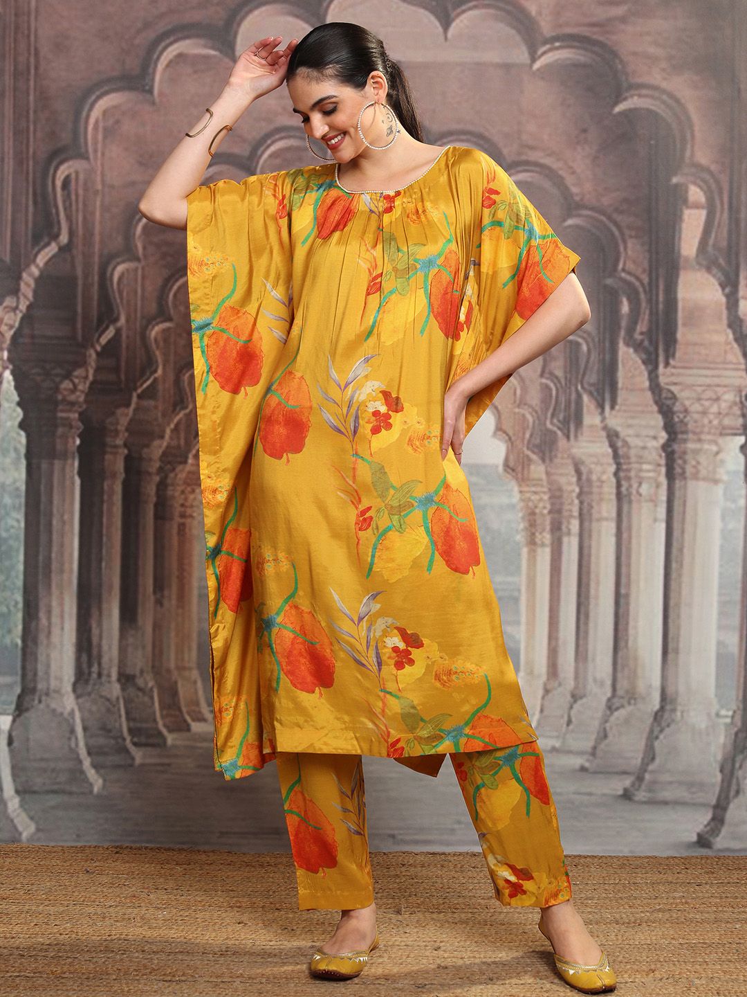 Vishudh Mustard Yellow & Red Floral Printed Straight Kurta with Trousers