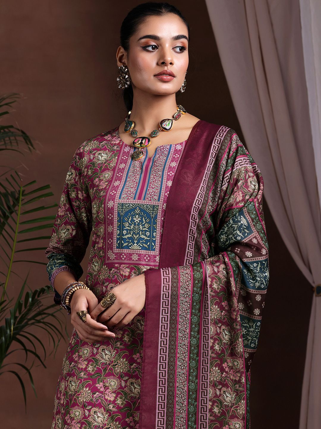 Libas Women Floral Printed Notched Neck Straight Kurta With Trousers & Dupatta