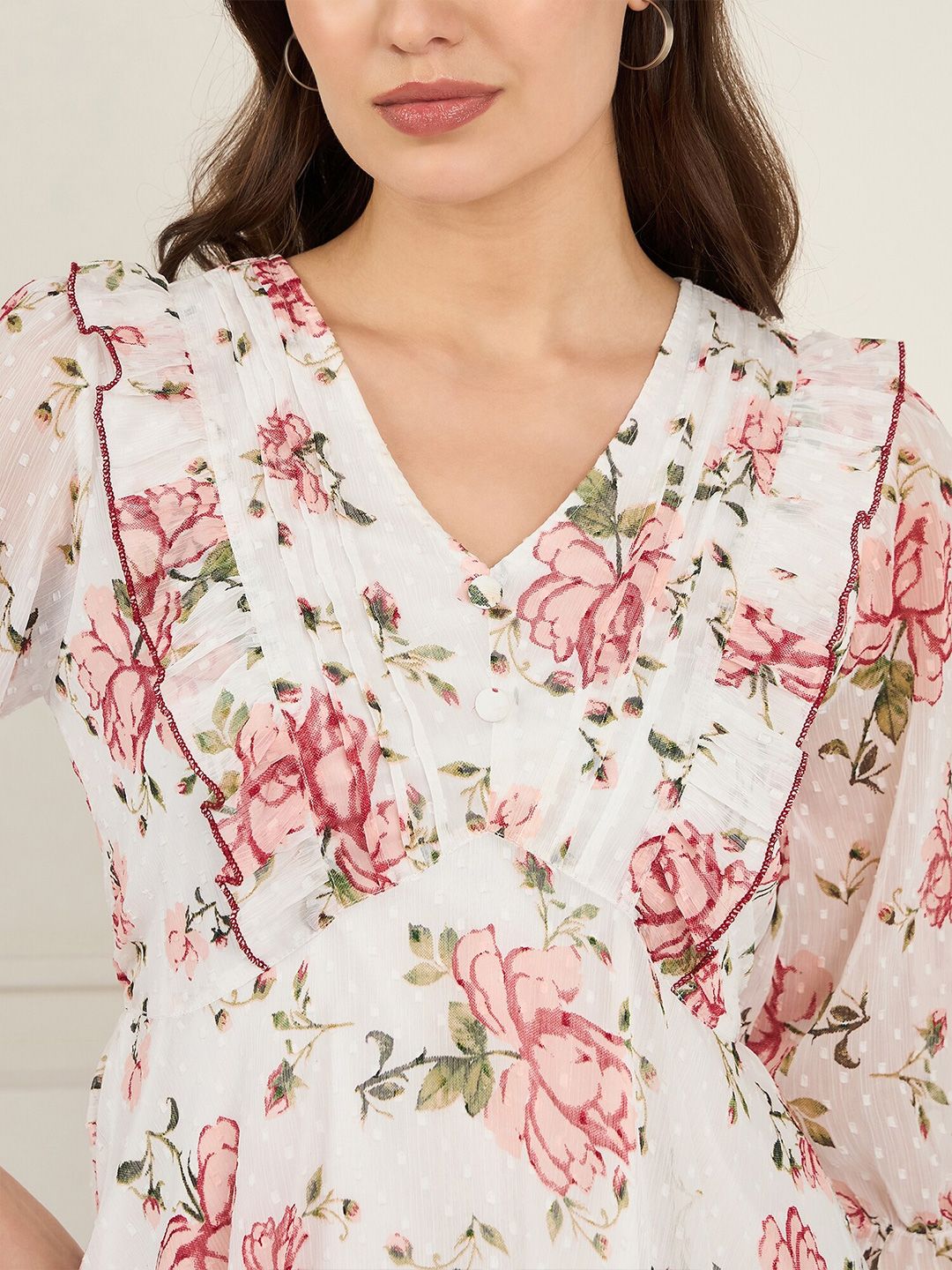 Antheaa Floral Print Puff Sleeve Ruffles Chiffon Wrap Top