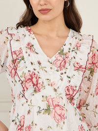 Antheaa Floral Print Puff Sleeve Ruffles Chiffon Wrap Top