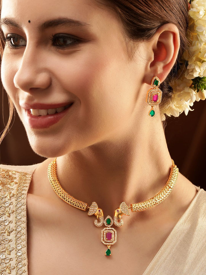 Rubans 22k Ruby & Emerald CZ Stone Stone Studded Gajah Motif Set