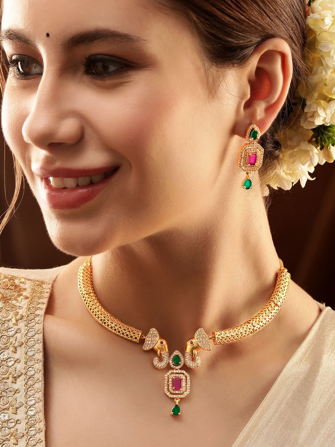 Rubans 22k Ruby & Emerald CZ Stone Stone Studded Gajah Motif Set