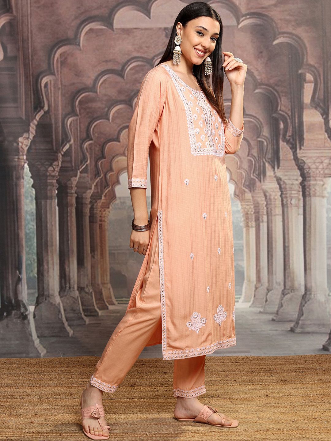 Vishudh Orange Ethnic Motifs Embroidered Thread Work Kurta with Trousers & Dupatta