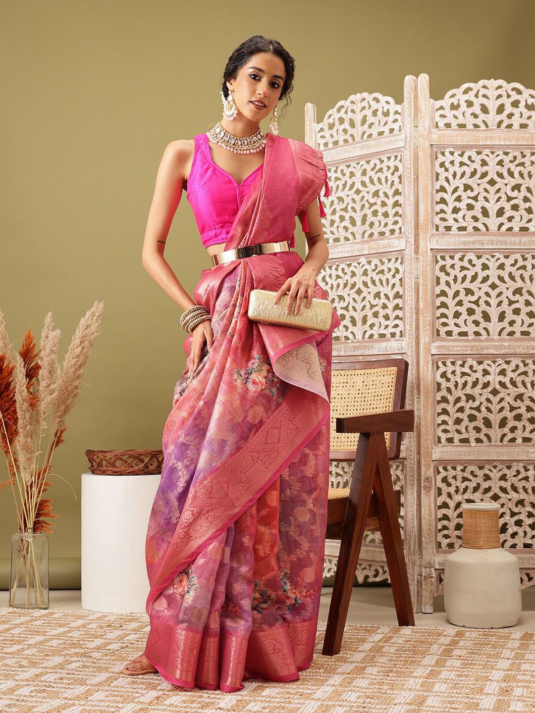 Silk Land Woven Banarasi Floral  Digital Print Saree