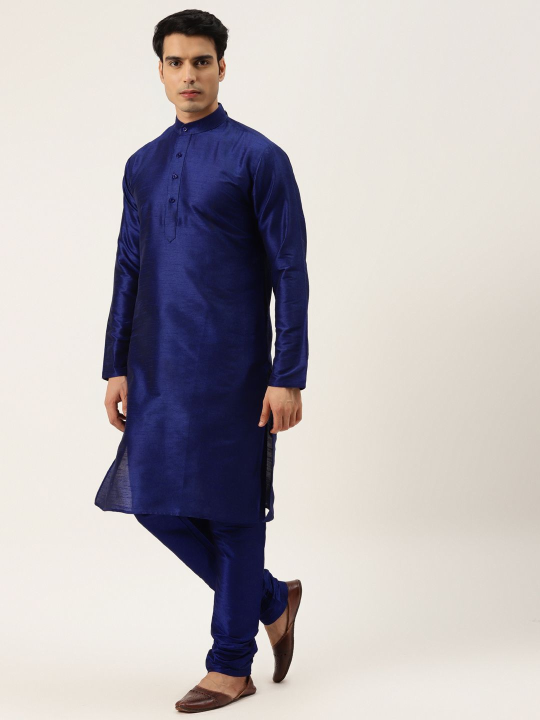 SOJANYA Men Navy Blue Solid Kurta with Churidar & Nehru Jacket