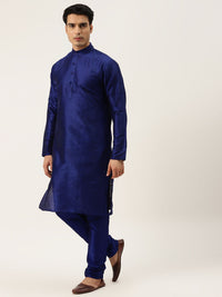 SOJANYA Men Navy Blue Solid Kurta with Churidar & Nehru Jacket