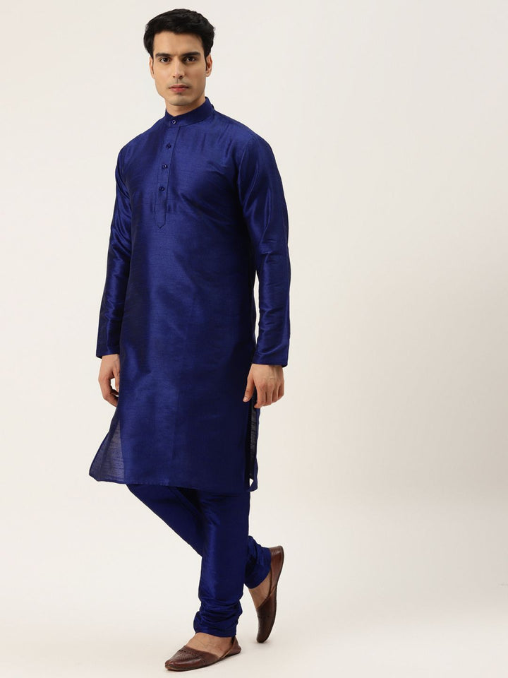 SOJANYA Men Navy Blue Solid Kurta with Churidar & Nehru Jacket