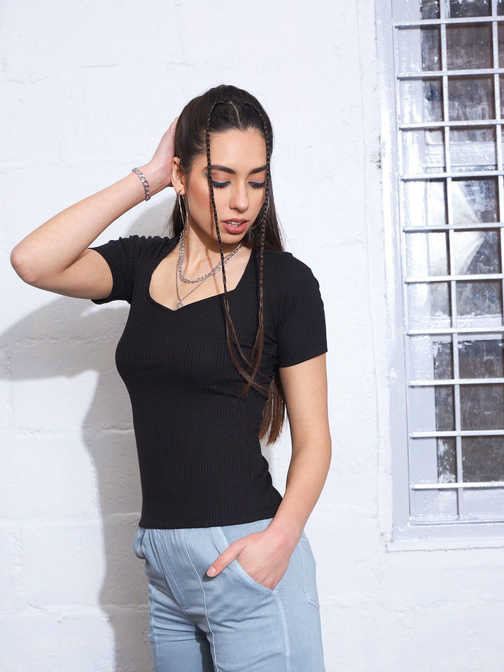 SASSAFRAS Black Square Neck Cotton Fitted Top