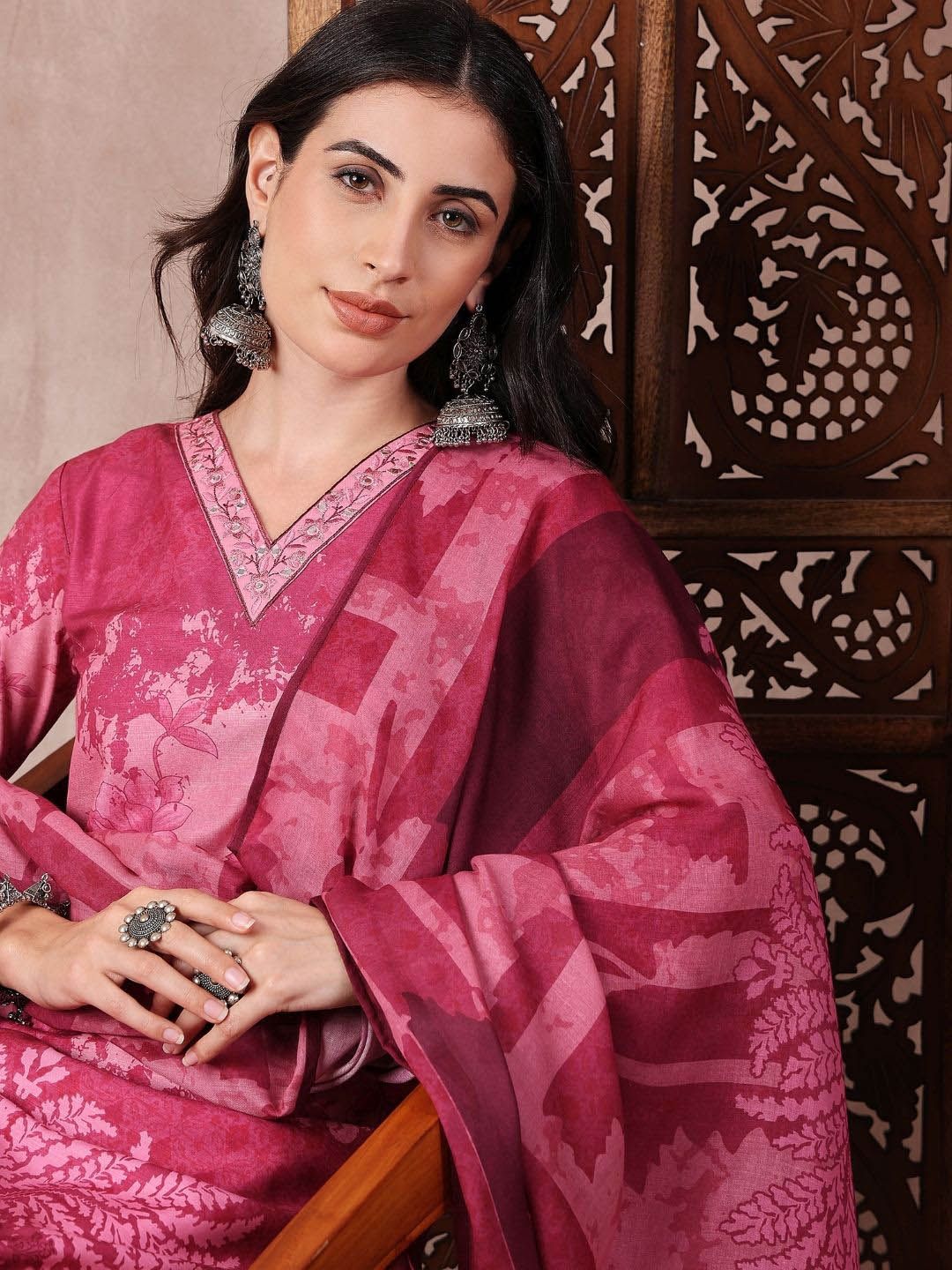 KALINI Floral Printed Thread Work V-Neck Straight Kurta With Trouser And Dupatta