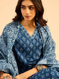 Indo Era Blue Floral Printed V-Neck Pure Cotton Straight Kurta with Palazzo & Dupatta