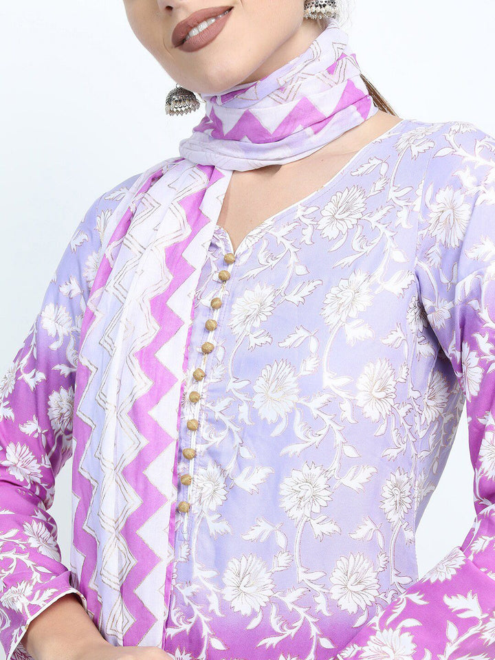 Vishudh Women Mauve Floral Printed High Slit Kurta with Palazzo & Dupatta
