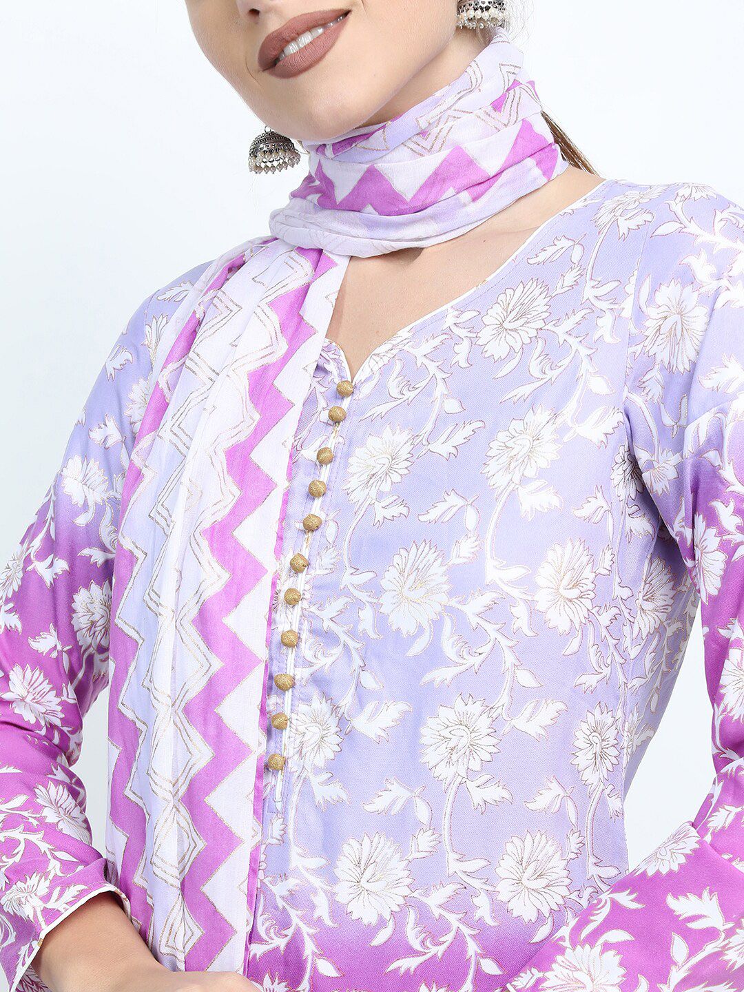 Vishudh Women Mauve Floral Printed High Slit Kurta with Palazzo & Dupatta