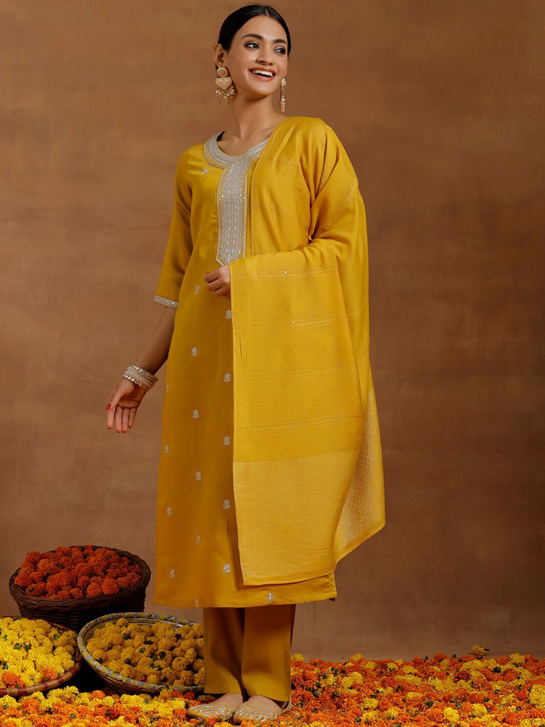 Libas Floral Embroidered Regular Sequinned Straight Kurta With Trousers & Dupatta