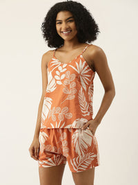 SANSKRUTIHOMES Women Coral Orange & Off White Printed Cotton Shorts Set with Robe