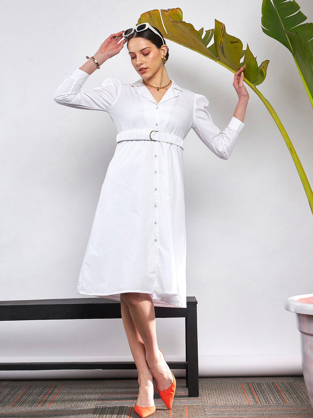 SASSAFRAS White Puff Sleeve Belted Shirt Style Midi Dress