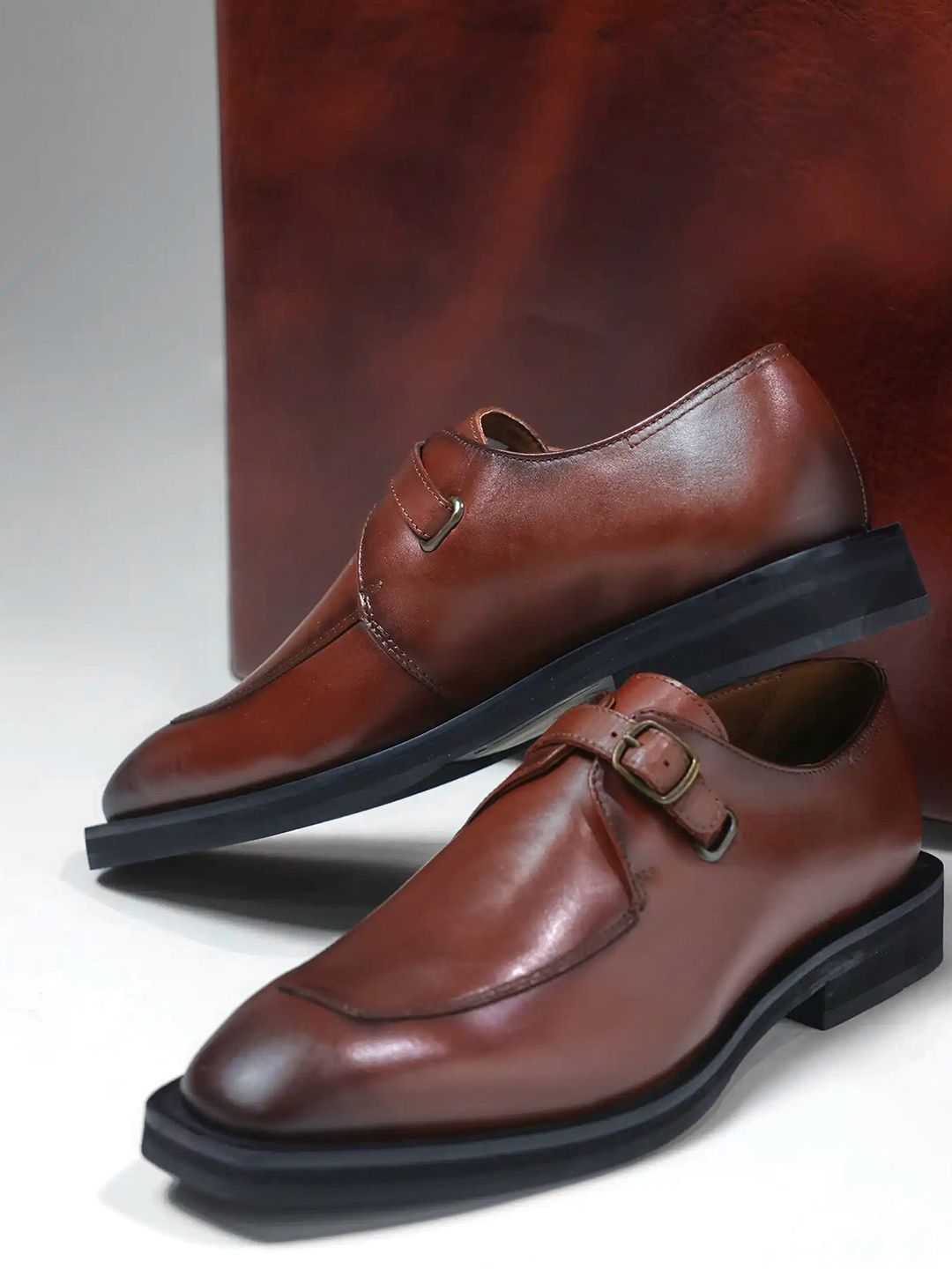 RARE RABBIT Men Round Toe Leather Formal Monk Shoes
