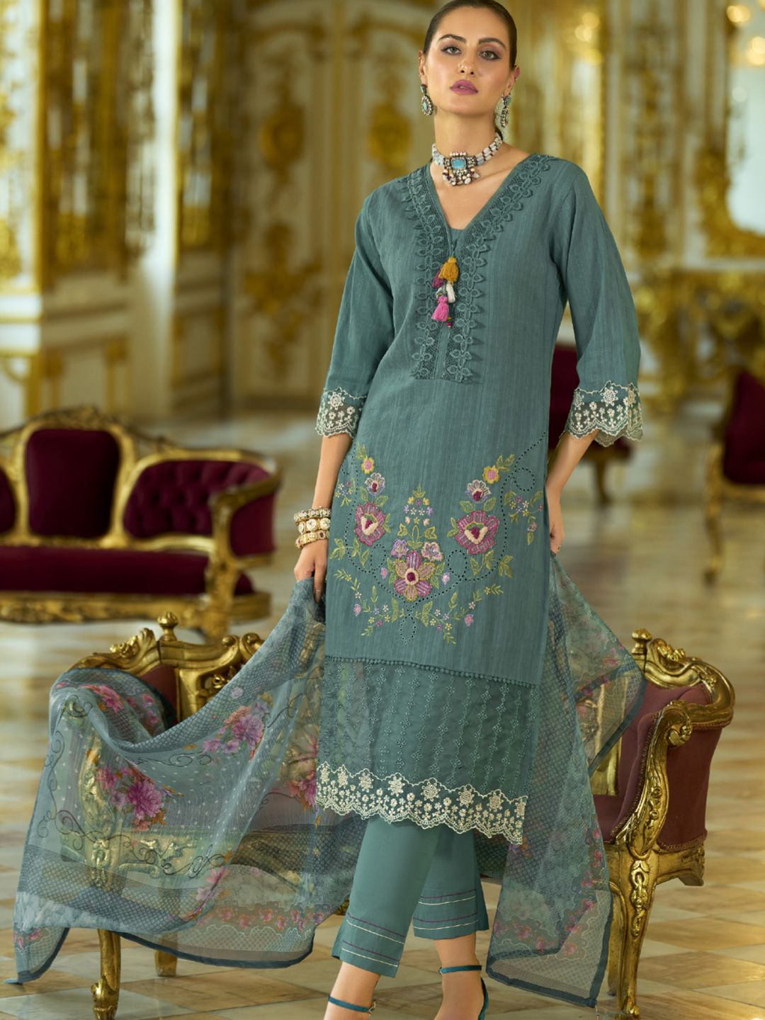 Varanga Floral Embroidered V-Neck Thread Work Pure Cotton Kurta With Trousers And Dupatta