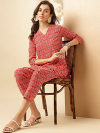 KALINI Ethnic Motifs Printed V-Neck Three-Quarter Sleeves Printed Tunic & Trousers