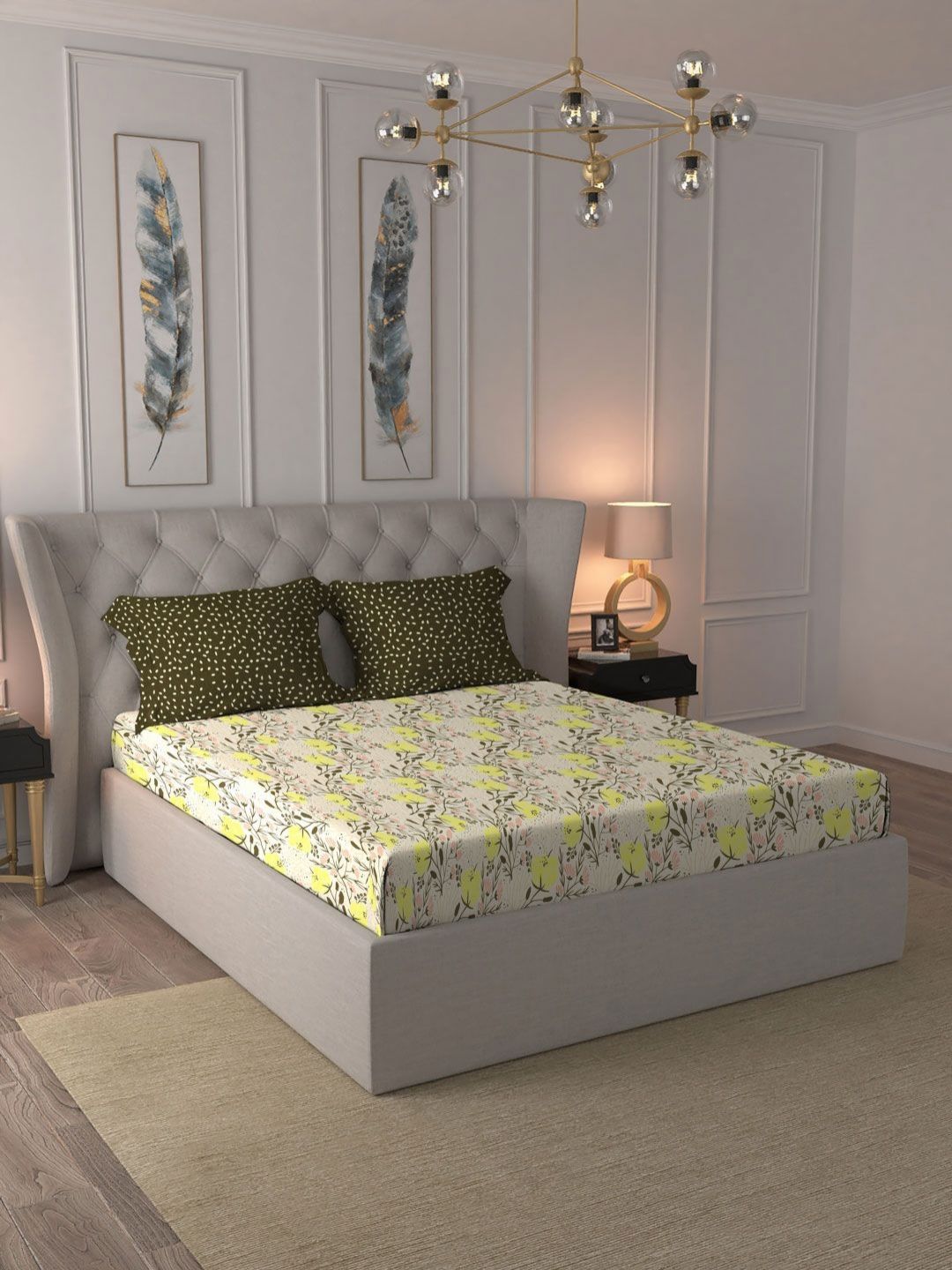 MYTRIDENT Aster Yellow Moments Flat 120TC Queen Cotton 1 Bedsheet with 2 Pillow Covers