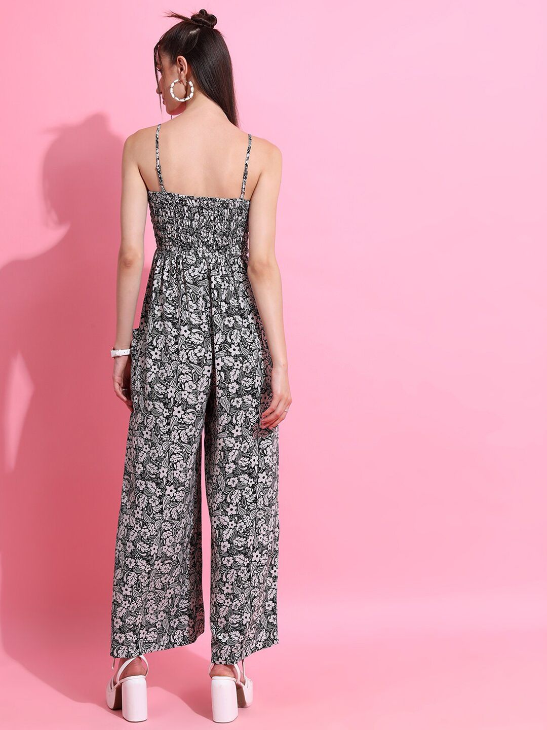 Tokyo Talkies Black & Off White Floral Printed Smocked Basic Jumpsuit