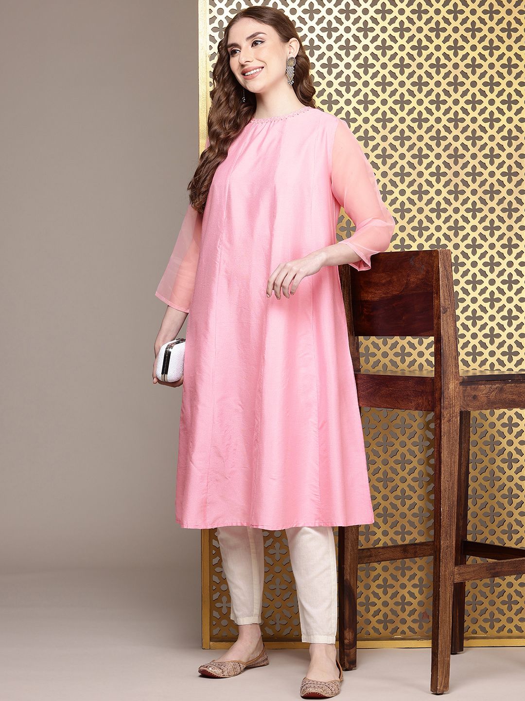 House of Pataudi Three-Quarter Sleeves Round Neck A-Line Rozana Kurta