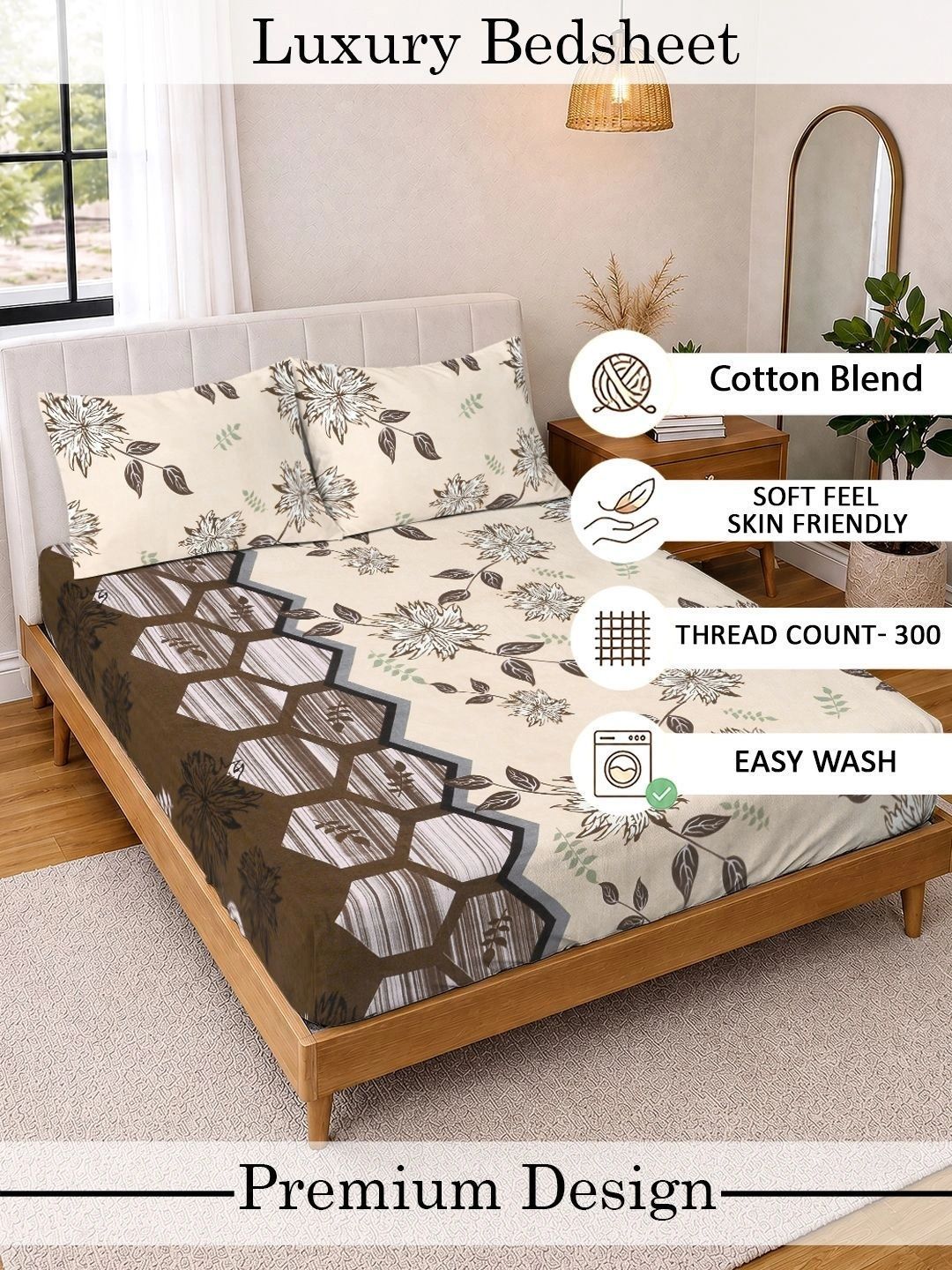 KLOTTHE Beige Floral 300 TC King Bedsheet with 2 Pillow Covers