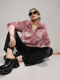 Kampus Sutra Pink Mock Collar Windcheater Faux Fur Furored Jaket