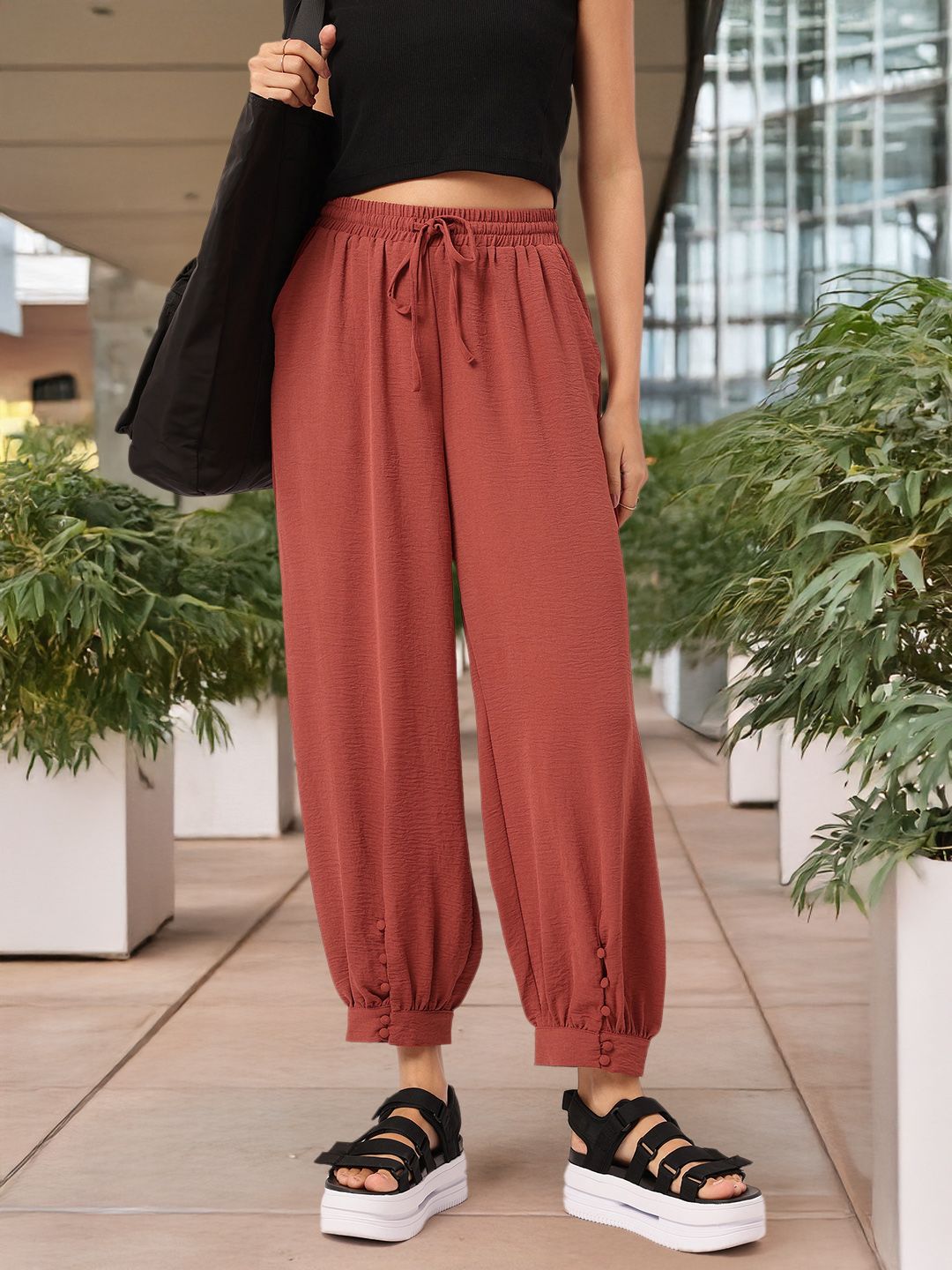 DressBerry Women Bohemian Bliss Crinkled Buttoned-Cuffs Trousers