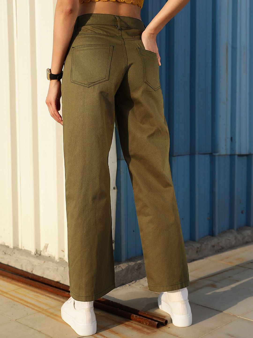 STREET 9 Women Olive Green Relaxed High-Rise Loose Fit  Regular Trousers