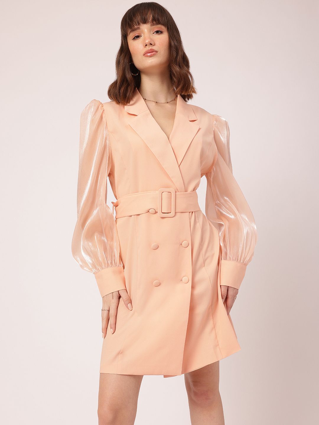 DressBerry Classy & Stylish Lapel Collar Puff Sleeves Belted Blazer Mini Dress
