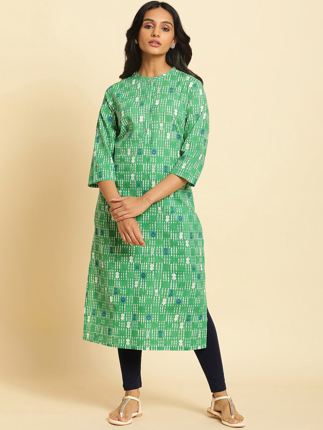 W Geometric Printed Mandarin Straight Pure Cotton Collar