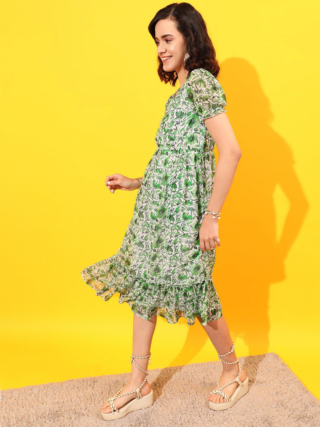 STREET 9 Puff Sleeves Floral Chiffon A-Line Midi Dress