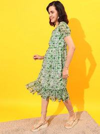 STREET 9 Puff Sleeves Floral Chiffon A-Line Midi Dress