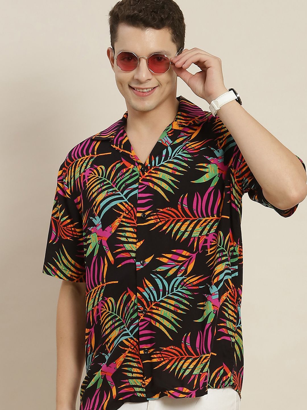 Hancock Men Black & Yellow Printed Relaxed Fit Casual Resort Shirt