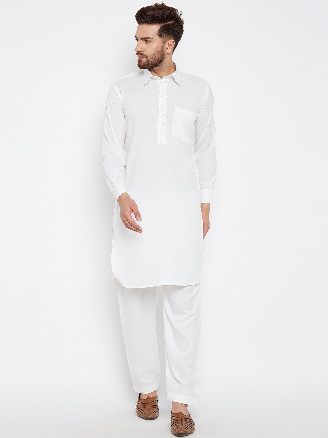SOJANYA Shirt Collar Curved Hem Pathani Kurta with Salwar