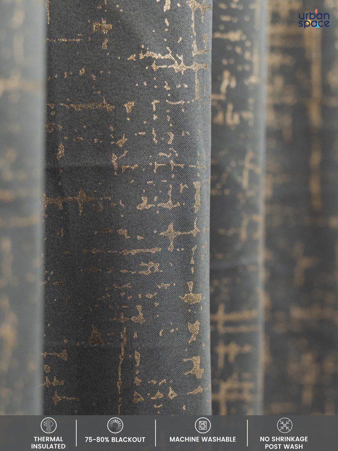 URBAN SPACE Grey & Gold-Toned Black Out Long Door Curtain